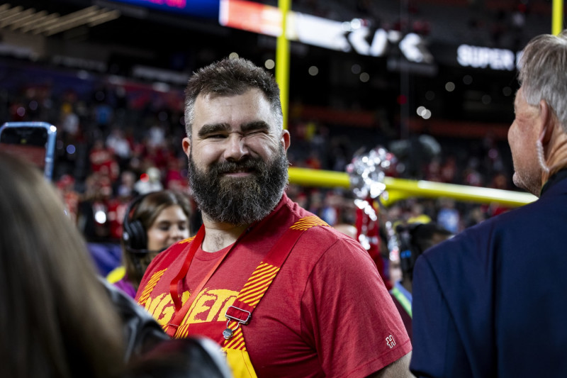 LAS VEGAS, NEVADA - FEBRUARY 11: Jason Kelce winks after the Kansas City Chiefs won Super Bowl LVIII against the San Francisco 49ers at Allegiant Stadium on Sunday, February 11, 2024 in Las Vegas, Nevada. (Photo by Lauren Leigh Bacho/Getty Images)