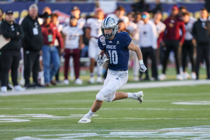 DALLAS, TX - DECEMBER 26: Rice Owls wide receiver Luke McCaffrey (10) runs after a catch during the SERVPRO First Responder Bowl between the Texas State Bobcats and Rice Owls on December 26, 2023 at Gerald J. Ford Stadium in Dallas, TX. (Photo by George Walker/Icon Sportswire via Getty Images)