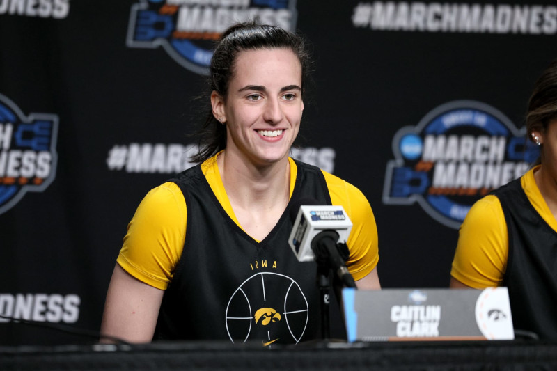 ALBANY, NEW YORK - MARCH 29:  Caitlin Clark #22 of the Iowa Hawkeyes talks to the media following practice for the NCAA Women's Basketball Tournament - Albany Regional at MVP Arena on March 29, 2024 in Albany, New York. (Photo by Andy Lyons/Getty Images)