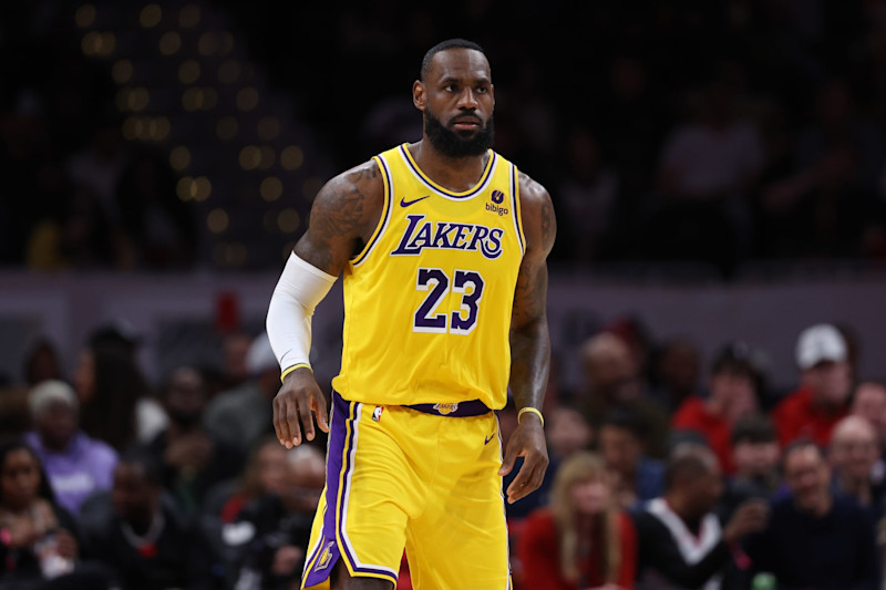 WASHINGTON, DC - APRIL 03: LeBron James #23 of the Los Angeles Lakers reacts against the Washington Wizards at Capital One Arena on April 03, 2024 in Washington, DC. NOTE TO USER: User expressly acknowledges and agrees that, by downloading and or using this photograph, User is consenting to the terms and conditions of the Getty Images License Agreement. (Photo by Patrick Smith/Getty Images)