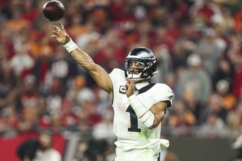 TAMPA, FL - JANUARY 15: Jalen Hurts #1 of the Philadelphia Eagles throws the ball during an NFL Wild Card playoff football game against the Tampa Bay Buccaneers at Raymond James Stadium on January 15, 2024 in Tampa, Florida. (Photo by Perry Knotts/Getty Images)