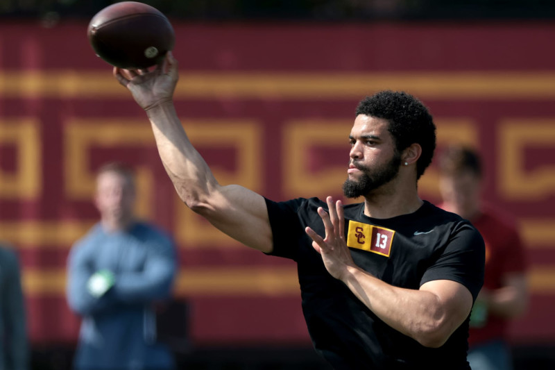 Los Angeles, California March 20, 2024- USA quarterback Caleb Williams during USC Pro Day in Los Angeles Wednesday. (Wally Skalij/Los Angeles Times via Getty Images)