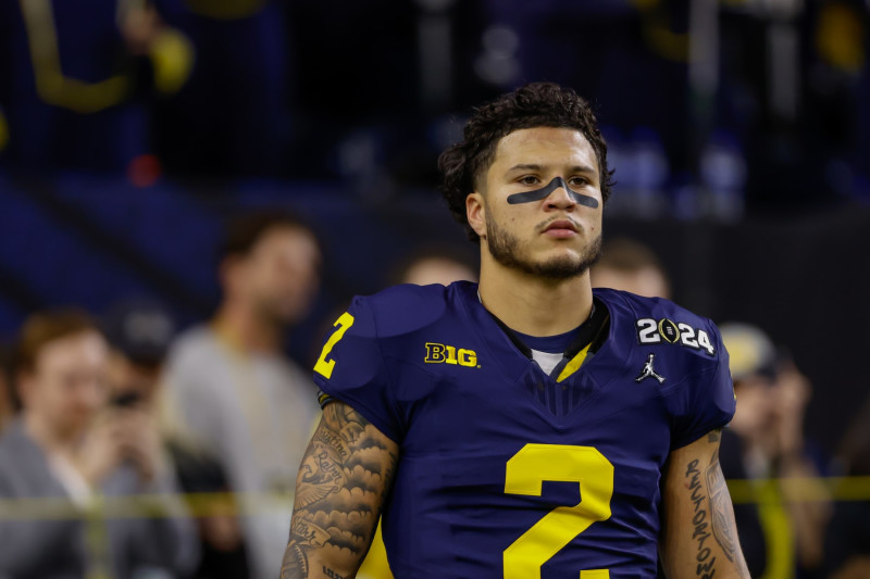 HOUSTON, TX - JANUARY 08: Michigan Wolverines running back Blake Corum (2) looks intense before the CFP National Championship game Michigan Wolverines and Washington Huskies on January 8, 2024, at NRG Stadium in Houston, Texas. (Photo by David Buono/Icon Sportswire via Getty Images)