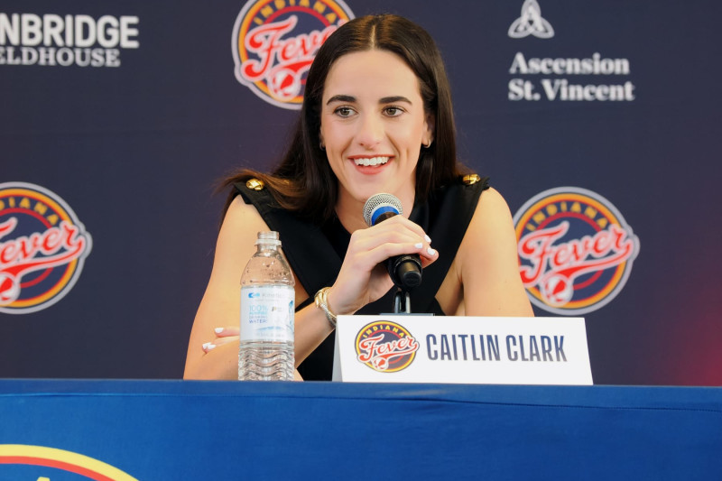 INDIANAPOLIS, IN - APRIL 17: Caitlin Clark of the Indiana Fever talks to the media during an introductory press conference on April 17, 2024 at Gainbridge Fieldhouse in Indianapolis, Indiana. NOTE TO USER: User expressly acknowledges and agrees that, by downloading and or using this Photograph, user is consenting to the terms and conditions of the Getty Images License Agreement. Mandatory Copyright Notice: Copyright 2024 NBAE (Photo by Ron Hoskins/NBAE via Getty Images)