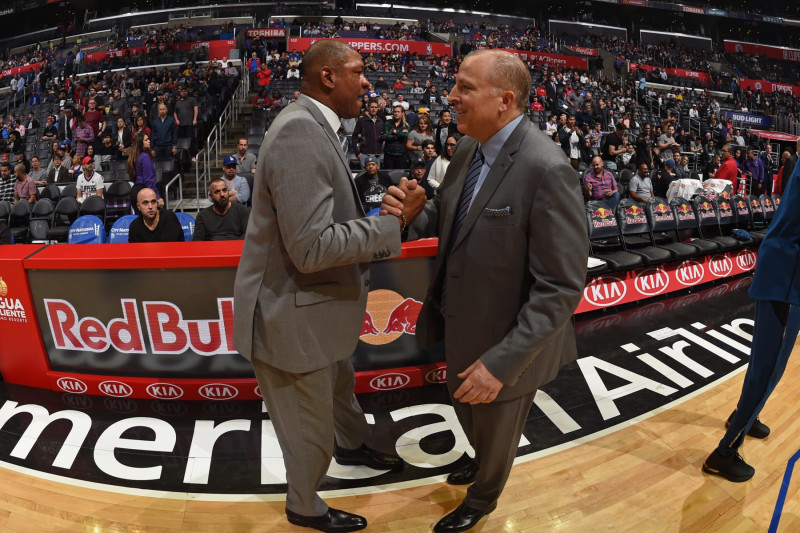LOS ANGELES, CA - NOVEMBER 5:  Head Coaches Doc Rivers of the LA Clippers and Tom Thibodeau of the Minnesota Timberwolves exchange handshakes after  the game  on November 5, 2018 at STAPLES Center in Los Angeles, California. NOTE TO USER: User expressly acknowledges and agrees that, by downloading and/or using this Photograph, user is consenting to the terms and conditions of the Getty Images License Agreement. Mandatory Copyright Notice: Copyright 2018 NBAE (Photo by Adam Pantozzi/NBAE via Getty Images)