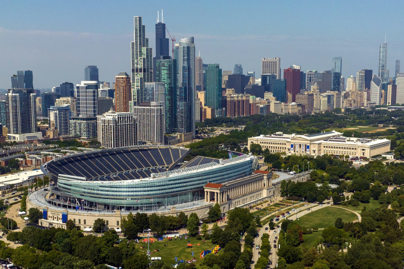 CHICAGO, ILLINOIS - SEPTEMBER 10: An aerial view of Soldier Field prior to the game between the Green Bay Packers and the Chicago Bears on September 10, 2023 in Chicago, Illinois. (Photo by Quinn Harris/Getty Images)