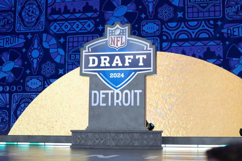 DETROIT, MI - APRIL 25: The NFL Draft logo on the stage during day 1 of the NFL Draft on April 25, 2024 at Fox Theatre in Detroit, MI. (Photo by John Smolek/Icon Sportswire via Getty Images)