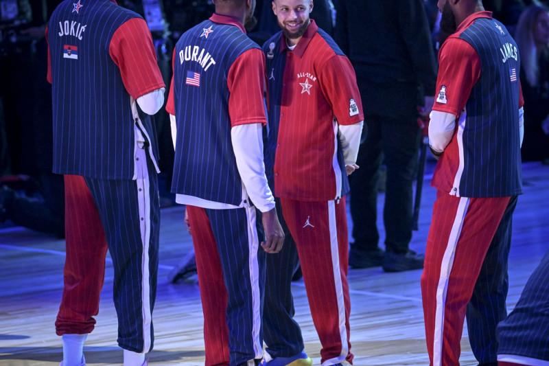 INDIANAPOLIS , IN - FEBRUARY 18: Nikola Jokic (15) of the Denver Nuggets stands with teammates Paul George (13) of the LA Clippers, Steph Curry (30) of the Golden State Warriors, Kevin Durant (35) of the Phoenix Suns and LeBron James (23) of the Los Angeles Lakers during the NBA All-Star game at Gainbridge Fieldhouse in Indianapolis, Indiana on Sunday, February 18, 2024. (Photo by AAron Ontiveroz/The Denver Post)