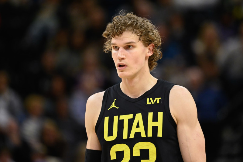 SALT LAKE CITY, UTAH - MARCH 27: Lauri Markkanen #23 of the Utah Jazz in action with Jeremy Sochan #10 of the San Antonio Spurs during the first half of a game at Delta Center on March 27, 2024 in Salt Lake City, Utah. NOTE TO USER: User expressly acknowledges and agrees that, by downloading and or using this photograph, User is consenting to the terms and conditions of the Getty Images License Agreement. (Photo by Alex Goodlett/Getty Images)