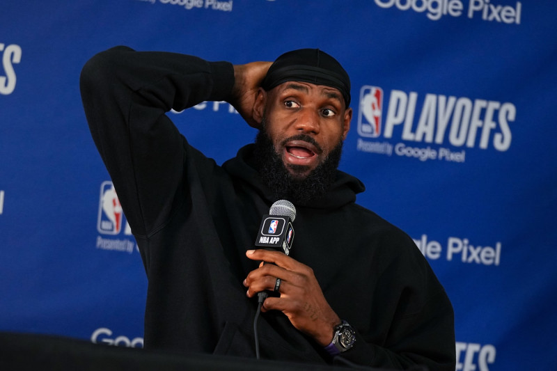 DENVER, CO - APRIL 29: LeBron James #23 of the Los Angeles Lakers speaks at a press conference after the game against the Denver Nuggets during Round One Game Five of the 2024 NBA Playoffs on April 29, 2024 at the Ball Arena in Denver, Colorado. NOTE TO USER: User expressly acknowledges and agrees that, by downloading and/or using this Photograph, user is consenting to the terms and conditions of the Getty Images License Agreement. Mandatory Copyright Notice: Copyright 2024 NBAE (Photo by Bart Young/NBAE via Getty Images)