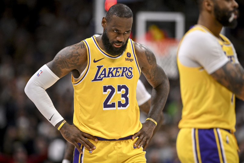 DENVER, CO - APRIL 29: LeBron James (23) of the Los Angeles Lakers reacts to a turnover during the fourth quarter of the Denver Nuggets' 108-106 win at Ball Arena in Denver, Colorado on Monday, April 29, 2024. The Nuggets eliminated the Lakers from the playoffs for the second straight year by way of a 4-1 series victory. (Photo by AAron Ontiveroz/The Denver Post)