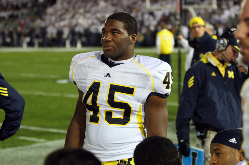 STATE COLLEGE, PA - OCTOBER 30: Linebacker Obi Ezeh #45 of the University of Michigan Wolverines on the bench against the Penn State Nittany Lions at Beaver Stadium on October 30, 2010 in State College, Pennsylvania. Penn State won 41-31. (Photo by Ned Dishman/Getty Images)