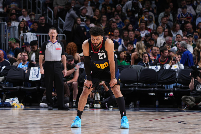 DENVER, CO - MAY 6: Jamal Murray #27 of the Denver Nuggets looks on during the game against the Minnesota Timberwolves during Round 2 Game 2 of the 2024 NBA Playoffs on May 6, 2024 at the Ball Arena in Denver, Colorado. NOTE TO USER: User expressly acknowledges and agrees that, by downloading and/or using this Photograph, user is consenting to the terms and conditions of the Getty Images License Agreement. Mandatory Copyright Notice: Copyright 2024 NBAE (Photo by Garrett Ellwood/NBAE via Getty Images)