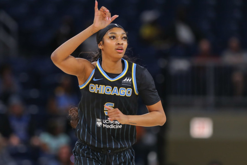 CHICAGO, IL - MAY 07: Angel Reese #5 of the Chicago Sky reacts after a play during a WNBA preseason game in the first half  against the New York Liberty at Wintrust Arena on May 7, 2024 in Chicago, Illinois. (Photo by Melissa Tamez/Icon Sportswire via Getty Images)