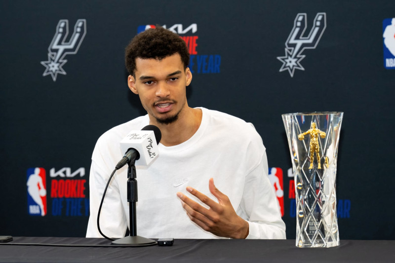 San Antonio Spurs French player Victor Wembanyama speaks during a press conference at Scobee Education Center and Planetarium after receiving his 2023-24 Rookie of the Year trophy on May 11, 2024 in San Antonio, Texas. (Photo by SUZANNE CORDEIRO / AFP) (Photo by SUZANNE CORDEIRO/AFP via Getty Images)