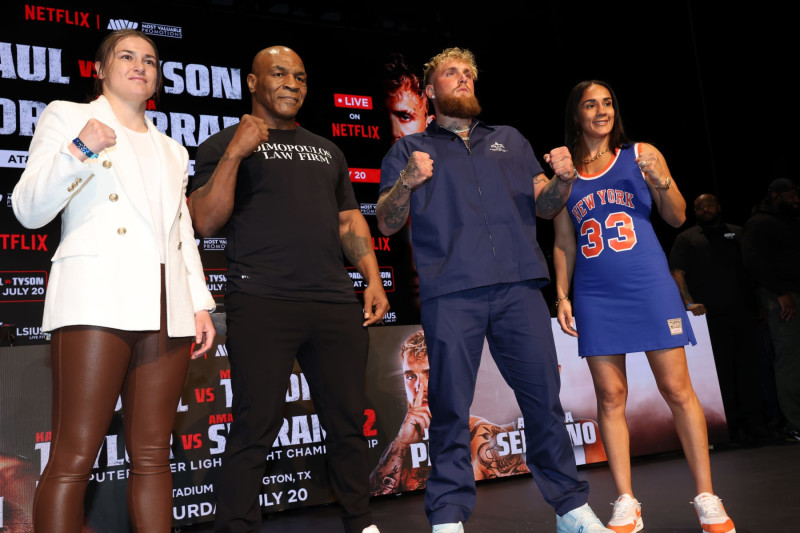 NEW YORK, NEW YORK - MAY 13: Katie Taylor, Mike Tyson, Jake Paul, and Amanda Serrano attend the Jake Paul vs. Mike Tyson Press Conference at The Apollo Theater on May 13, 2024 in New York City. (Photo by Johnny Nunez/WireImage)