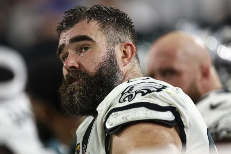 TAMPA, FL - JANUARY 15: Jason Kelce #62 of the Philadelphia Eagles looks on from the bench during the fourth quarter of an NFL wild-card playoff football game against the Tampa Bay Buccaneers at Raymond James Stadium on January 15, 2024 in Tampa, Florida. (Photo by Kevin Sabitus/Getty Images)