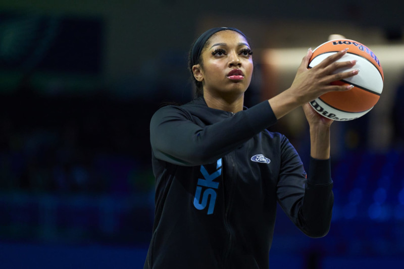 ARLINGTON, TEXAS - MAY 15: Angel Reese #5 of the Chicago Sky warms up before tipoff against the Dallas Wings at the College Park Center on May 15, 2024 in Arlington, Texas. NOTE TO USER: User expressly acknowledges and agrees that, by downloading and or using this photograph, User is consenting to the terms and conditions of the Getty Images License Agreement. (Photo by Cooper Neill/Getty Images)