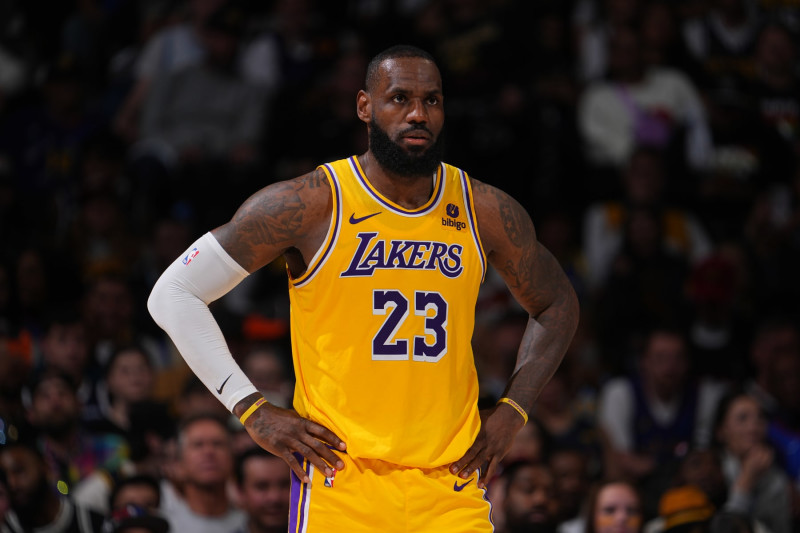 DENVER, CO - APRIL 22: LeBron James #23 of the Los Angeles Lakers looks on during the game against the Denver Nuggets on April 22, 2024 at the Ball Arena in Denver, Colorado. NOTE TO USER: User expressly acknowledges and agrees that, by downloading and/or using this Photograph, user is consenting to the terms and conditions of the Getty Images License Agreement. Mandatory Copyright Notice: Copyright 2024 NBAE (Photo by Bart Young/NBAE via Getty Images)