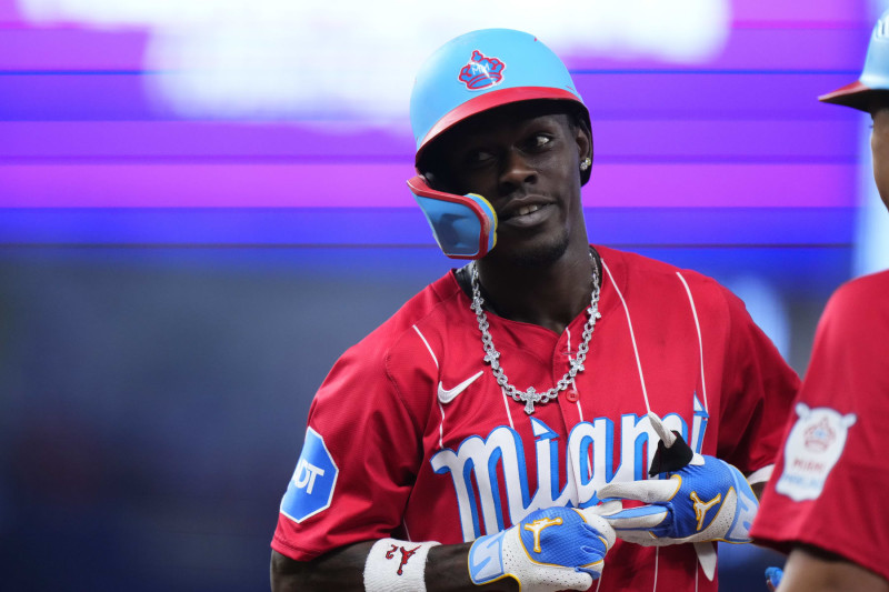 MIAMI, FLORIDA - MAY 18: Jazz Chisholm Jr. #2 of the Miami Marlins looks on during a game against the New York Mets at loanDepot park on May 18, 2024 in Miami, Florida. (Photo by Rich Storry/Getty Images)