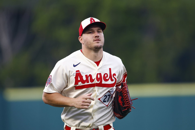 ANAHEIM, CALIFORNIA - JULY 01:  Mike Trout #27 of the Los Angeles Angels at Angel Stadium of Anaheim on July 01, 2023 in Anaheim, California. (Photo by Ronald Martinez/Getty Images)