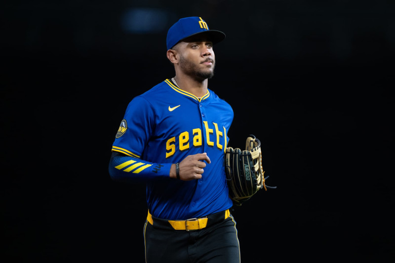 SEATTLE, WA - APRIL 12: Centerfielder Julio Rodriguez #44 of the Seattle Mariners jogs off the field during a game against the Chicago Cubs at T-Mobile Park on April 12, 2024 in Seattle, Washington. The Mariners won 4-2. (Photo by Stephen Brashear/Getty Images)