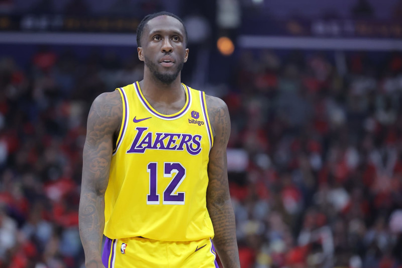 NEW ORLEANS, LOUISIANA - APRIL 16: Taurean Prince #12 of the Los Angeles Lakers reacts against the New Orleans Pelicans during a play-in tournament game at the Smoothie King Center on April 16, 2024 in New Orleans, Louisiana. NOTE TO USER: User expressly acknowledges and agrees that, by downloading and or using this Photograph, user is consenting to the terms and conditions of the Getty Images License Agreement. (Photo by Jonathan Bachman/Getty Images)