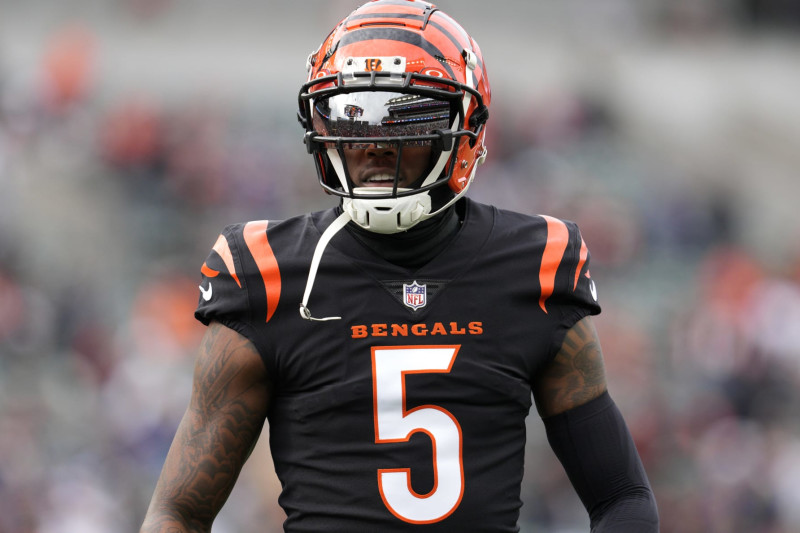 CINCINNATI, OHIO - DECEMBER 16: Tee Higgins #5 of the Cincinnati Bengals warms up before the game against the Minnesota Vikings at Paycor Stadium on December 16, 2023 in Cincinnati, Ohio. (Photo by Jeff Dean/Getty Images)