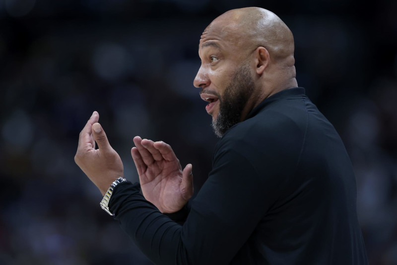 DENVER, COLORADO - APRIL 29: Head coach Darvin Ham of the Los Angeles Lakers directs his team against the Denver Nuggets in the first quarter during game five of the Western Conference First Round Playoffs at Ball Arena on April 29, 2024 in Denver, Colorado. NOTE TO USER: User expressly acknowledges and agrees that, by downloading and or using this photograph, User is consenting to the terms and conditions of the Getty Images License Agreement.  (Photo by Matthew Stockman/Getty Images)