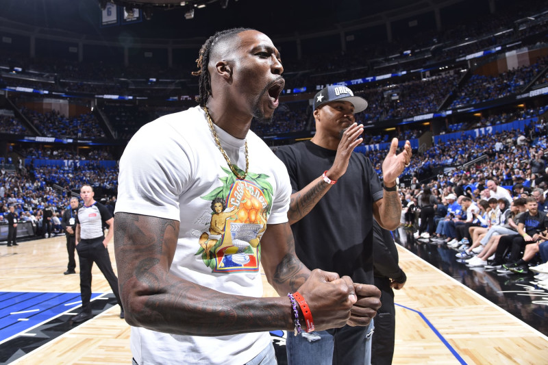 ORLANDO, FL - MAY 3: Dwight Howard and Rashard Lewis attends the game between the Cleveland Cavaliers and the Orlando Magic during Round One Game Six of the 2024 NBA Playoffs on May 3, 2024 at the Kia Center in Orlando, Florida. NOTE TO USER: User expressly acknowledges and agrees that, by downloading and or using this photograph, User is consenting to the terms and conditions of the Getty Images License Agreement. Mandatory Copyright Notice: Copyright 2024 NBAE (Photo by Gary Bassing/NBAE via Getty Images)