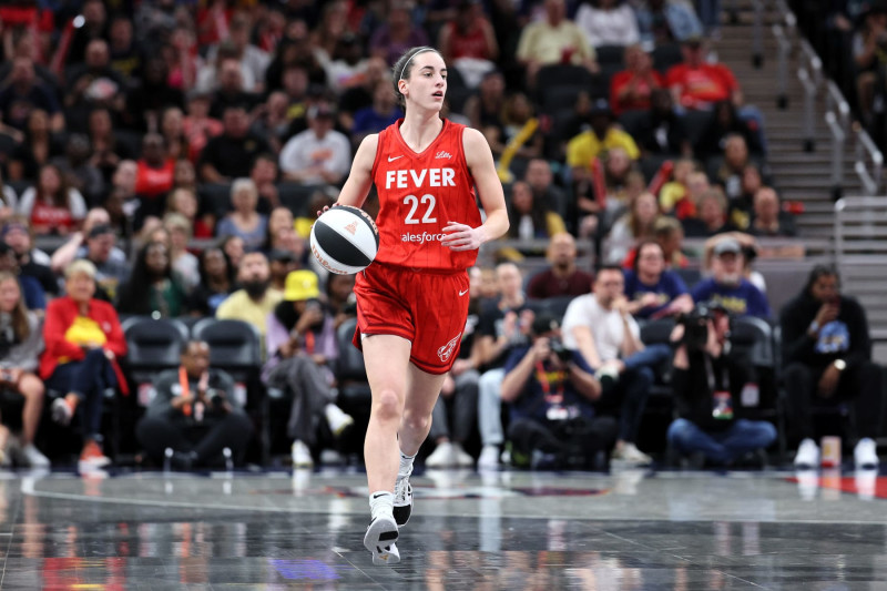 INDIANAPOLIS, INDIANA - JUNE 01: Caitlin Clark #22 of the Indiana Fever dribbles against the Chicago Sky during the first quarter in the game at Gainbridge Fieldhouse on June 01, 2024 in Indianapolis, Indiana. NOTE TO USER: User expressly acknowledges and agrees that, by downloading and or using this photograph, User is consenting to the terms and conditions of the Getty Images License Agreement. (Photo by Andy Lyons/Getty Images)