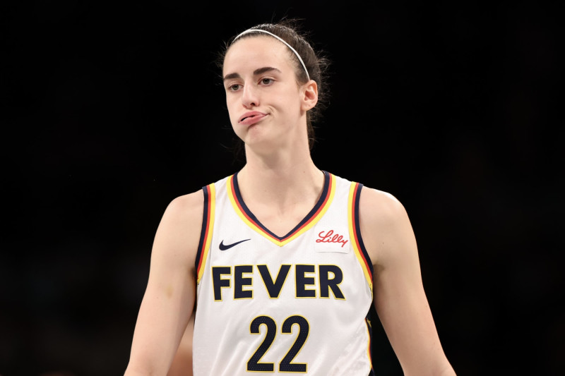 NEW YORK, NEW YORK - JUNE 02: Caitlin Clark #22 of the Indiana Fever reacts in the first quarter of a game against the New York Liberty at Barclays Center on June 02, 2024 in the Brooklyn borough of New York City. NOTE TO USER: User expressly acknowledges and agrees that, by downloading and or using this photograph, User is consenting to the terms and conditions of the Getty Images License Agreement. (Photo by Luke Hales/Getty Images)