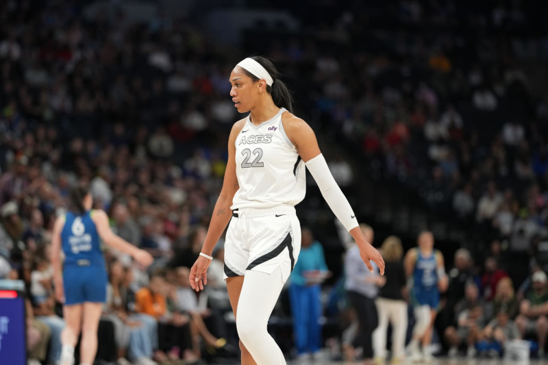 MINNEAPOLIS, MN - MAY 29: A'ja Wilson #22 of the Las Vegas Aces looks on during the game against the Minnesota Lynx on May 29, 2024 at Target Center in Minneapolis, Minnesota. NOTE TO USER: User expressly acknowledges and agrees that, by downloading and or using this Photograph, user is consenting to the terms and conditions of the Getty Images License Agreement. Mandatory Copyright Notice: Copyright 2024 NBAE (Photo by Jordan Johnson/NBAE via Getty Images)