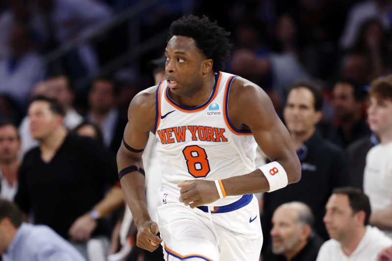 NEW YORK, NEW YORK - MAY 06: OG Anunoby #8 of the New York Knicks in action against the Indiana Pacers during Game One of the Eastern Conference Second Round Playoffs at Madison Square Garden on May 06, 2024 in New York City. NOTE TO USER: User expressly acknowledges and agrees that, by downloading and or using this photograph, User is consenting to the terms and conditions of the Getty Images License Agreement.  (Photo by Sarah Stier/Getty Images)