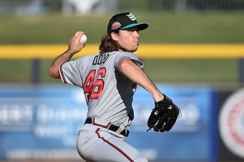 PEORIA , AZ - OCTOBER 18: Dylan Dodd #46 of the Salt River Rafters pitches during the game between the Salt River Rafters and the Peoria Javelinas at Peoria Sports Complex on Wednesday, October 18, 2023 in Peoria , Arizona. (Photo by Norm Hall/MLB Photos via Getty Images)