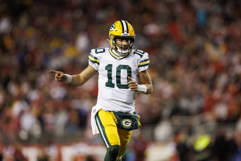 SANTA CLARA, CALIFORNIA - JANUARY 20: Jordan Love #10 of the Green Bay Packers celebrates after scoring a touchdown during an NFC divisional round playoff football game against the San Francisco 49ers at Levi's Stadium on January 20, 2024 in Santa Clara, California. (Photo by Ryan Kang/Getty Images)