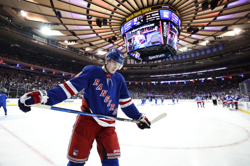 NEW YORK, NEW YORK - APRIL 11: Kaapo Kakko #24 of the New York Rangers looks on during a break in the action during the first period against the Philadelphia Flyers at Madison Square Garden on April 11, 2024 in New York City. (Photo by Dustin Satloff/Getty Images)