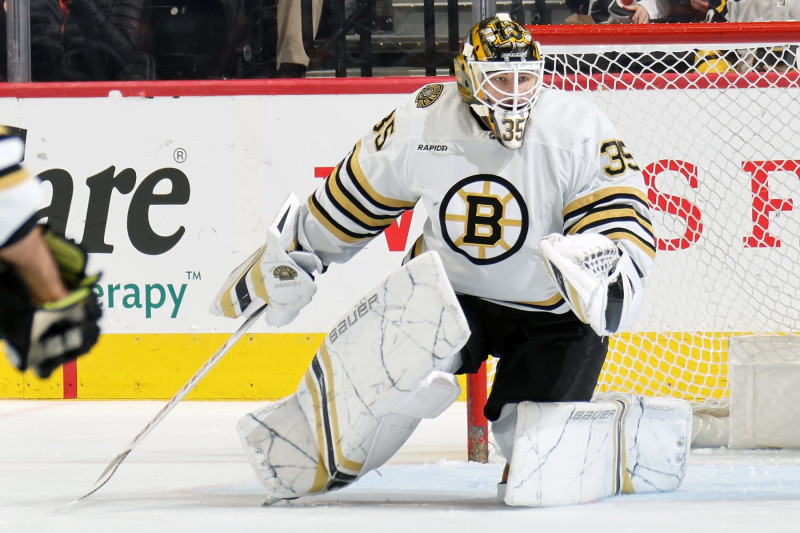 PHILADELPHIA, PENNSYLVANIA - MARCH 23:  Linus Ullmark #35 of the Boston Bruins prepares to stop a shot on goal against the Philadelphia Flyers at the Wells Fargo Center on March 23, 2024 in Philadelphia, Pennsylvania.  (Photo by Len Redkoles/NHLI via Getty Images)