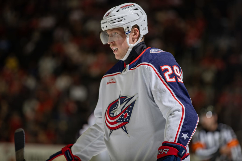 DETROIT, MI - NOVEMBER 11: Patrik Laine #29 of the Columbus Blue Jackets skates around on a play stoppage against the Columbus Blue Jackets during the second period at Little Caesars Arena on November 11, 2023 in Detroit, Michigan. Detroit defeated Columbus 5-4. (Photo by Dave Reginek/NHLI via Getty Images)