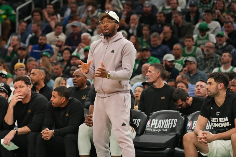 BOSTON, MA - MAY 15: Donovan Mitchell #45 of the Cleveland Cavaliers looks on during the game against the Boston Celtics during Round 2 Game 5 of the 2024 NBA Playoffs on May 15, 2024 at the TD Garden in Boston, Massachusetts. NOTE TO USER: User expressly acknowledges and agrees that, by downloading and or using this photograph, User is consenting to the terms and conditions of the Getty Images License Agreement. Mandatory Copyright Notice: Copyright 2024 NBAE  (Photo by Jesse D. Garrabrant/NBAE via Getty Images)