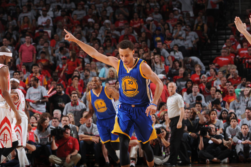 HOUSTON, TX - MAY 23:  Stephen Curry #30 of the Golden State Warriors celebrates in Game Three of the Western Conference Finals against the Houston Rockets during the 2015 NBA Playoffs on May 23, 2015 at the Toyota Center in Houston, Texas. NOTE TO USER: User expressly acknowledges and agrees that, by downloading and or using this photograph, User is consenting to the terms and conditions of the Getty Images License Agreement. Mandatory Copyright Notice: Copyright 2015 NBAE (Photo by Noah Graham/NBAE via Getty Images)