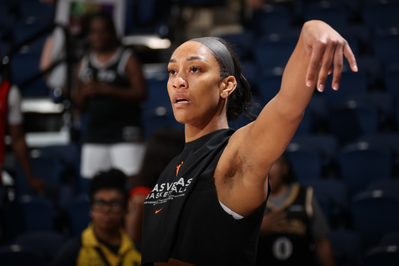 WASHINGTON, DC -  JUNE 29: A'ja Wilson #22 of the Las Vegas Aces looks on before the game against the Washington Mystics on June 29, 2024 at Entertainment & Sports Arena in Washington, DC. NOTE TO USER: User expressly acknowledges and agrees that, by downloading and or using this Photograph, user is consenting to the terms and conditions of the Getty Images License Agreement. Mandatory Copyright Notice: Copyright 2024 NBAE (Photo by Stephen Gosling/NBAE via Getty Images)