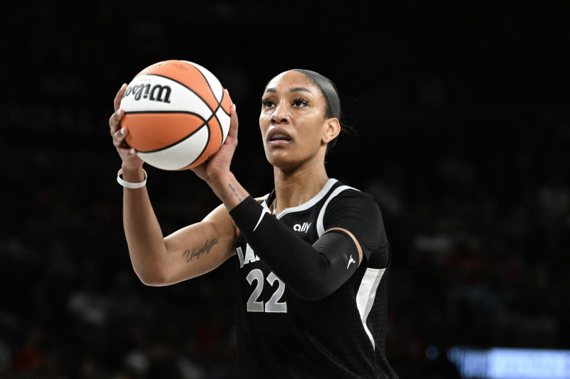 LAS VEGAS, NEVADA - JULY 07: A'ja Wilson #22 of the Las Vegas Aces takes a free throw against the Dallas Wings in the third quarter during their game at Michelob ULTRA Arena on July 07, 2024 in Las Vegas, Nevada. The Aces defeated the Wings 104-85. (Photo by Candice Ward/Getty Images)