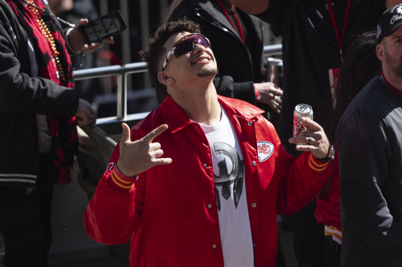 Kansas City Chiefs quarterback Patrick Mahomes celebrates during the Chiefs' Super Bowl LVIII victory parade on February 14, 2024, in Kansas City, Missouri. (Photo by Amy KONTRAS / AFP) (Photo by AMY KONTRAS/AFP via Getty Images)