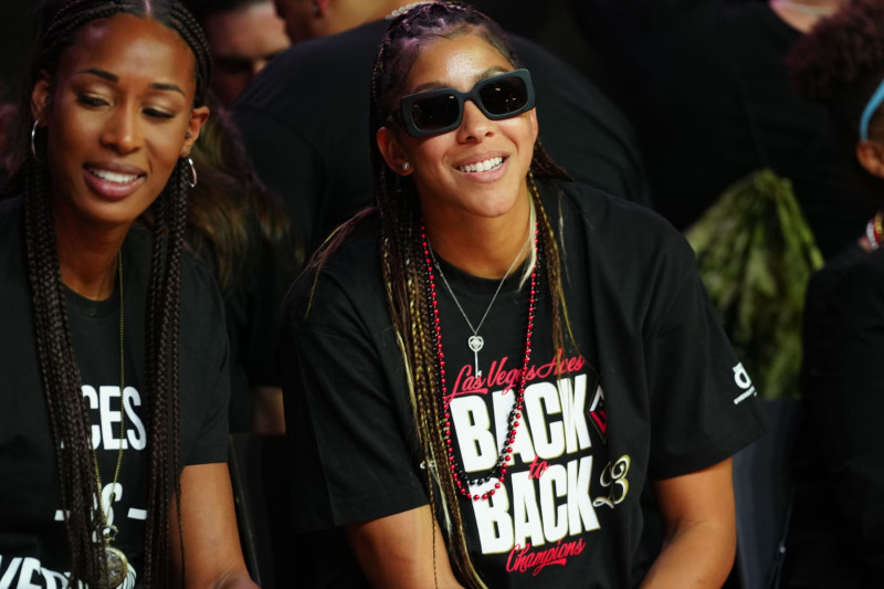 LAS VEGAS, NEVADA - OCTOBER 23: Candace Parker #3 of the Las Vegas Aces celebrates during the 2023 WNBA championship victory parade and rally on the Las Vegas Strip on October 23, 2023 in Las Vegas, Nevada. NOTE TO USER: User expressly acknowledges and agrees that, by downloading and or using this photograph, User is consenting to the terms and conditions of the Getty Images License Agreement. (Photo by Jeff Bottari/NBAE via Getty Images)