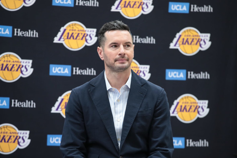 EL SEGUNDO, CA - JULY 02:  Los Angeles Lakers head coach J.J. Redick smirks during the Los Angeles Lakers welcome press conference for their NBA Draft picks on July 02, 2024, at UCLA Health Training Center in El Segundo, CA. (Photo by Jevone Moore/Icon Sportswire via Getty Images)