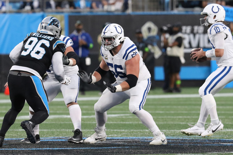 CHARLOTTE, NC - NOVEMBER 05: Indianapolis Colts offensive guard Quenton Nelson (56) during a NFL football game between the Indianapolis Colts and the Carolina Panthers on November 5, 2023 at Bank of America Stadium in Charlotte, N.C. (Photo by John Byrum/Icon Sportswire via Getty Images)