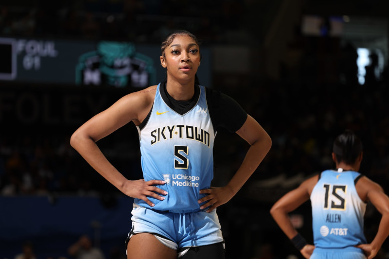 CHICAGO, IL -  JULY 13: Angel Reese #5 of the Chicago Sky looks on during the game against the New York Liberty on July 13, 2024 at the Wintrust Arena in Chicago, IL. NOTE TO USER: User expressly acknowledges and agrees that, by downloading and or using this photograph, User is consenting to the terms and conditions of the Getty Images License Agreement. Mandatory Copyright Notice: Copyright 2024 NBAE (Photo by Jeff Haynes/NBAE via Getty Images)