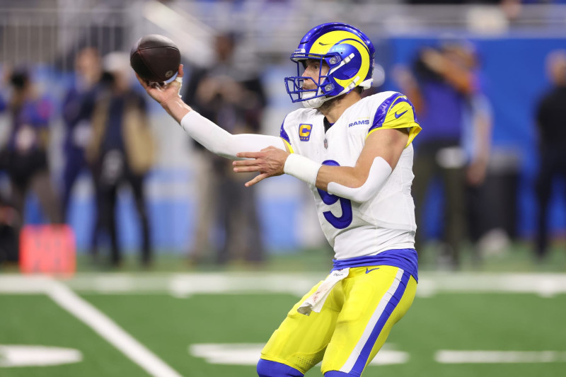 DETROIT, MICHIGAN - JANUARY 14: Matthew Stafford #9 of the Los Angeles Rams plays against Detroit Lions during a NFC Wild Card Playoff game at Ford Field on January 14, 2024 in Detroit, Michigan. (Photo by Gregory Shamus/Getty Images)