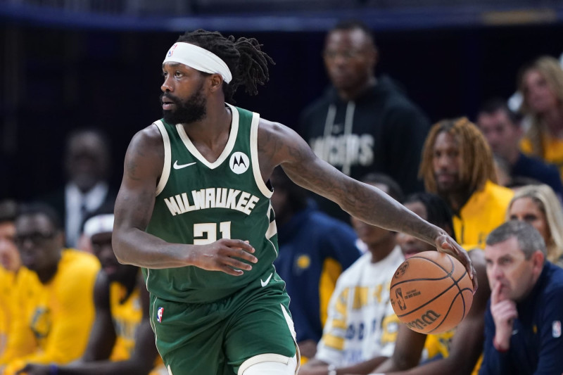 INDIANAPOLIS, INDIANA - MAY 02: Patrick Beverley #21 of the Milwaukee Bucks dribbles the ball in the first quarter against the Indiana Pacers during game six of the Eastern Conference First Round Playoffs at Gainbridge Fieldhouse on May 02, 2024 in Indianapolis, Indiana. NOTE TO USER: User expressly acknowledges and agrees that, by downloading and or using this photograph, User is consenting to the terms and conditions of the Getty Images License Agreement. (Photo by Dylan Buell/Getty Images)